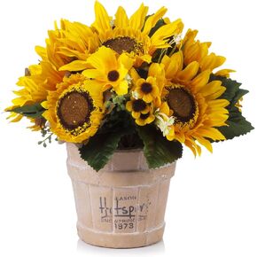 ENOVA FLORAL Artificial Silk Sunflower Floral Arrangements in Ceramic Pot, Table Centerpieces for Dining Room, Silk Sunflower in Pot for Home Decor Wedding Centerpieces (FL-0148-Yellow)