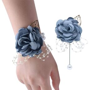 Wrist Corsage Rose Flower Brooch for Wedding Party Prom Wristband Flower Set (Bluish Grey) in Saudi Arabia
