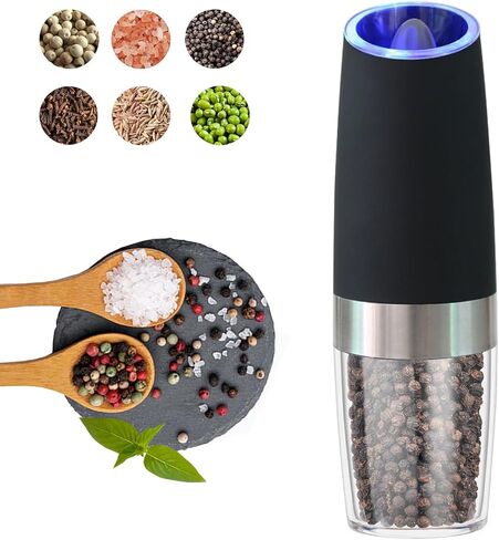 Gravity Electric Salt and Pepper Grinder, Automatic Pepper Grinder, Battery Powered LED Light with Adjustable Thickness-Black in Saudi Arabia
