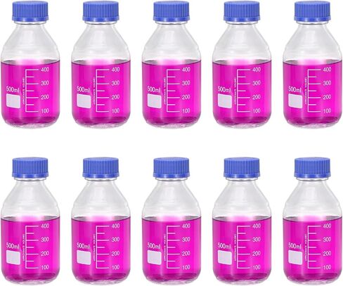 PATIKIL 10 Pack Reagent Media Storage Bottles, 100ml Borosilicate Glass Graduated Round Bottles with GL32 Blue Screw Cap for Lab Water Reagent Liquids, Clear in Saudi Arabia