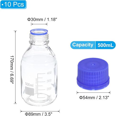 PATIKIL 10 Pack Reagent Media Storage Bottles, 100ml Borosilicate Glass Graduated Round Bottles with GL32 Blue Screw Cap for Lab Water Reagent Liquids, Clear in Saudi Arabia