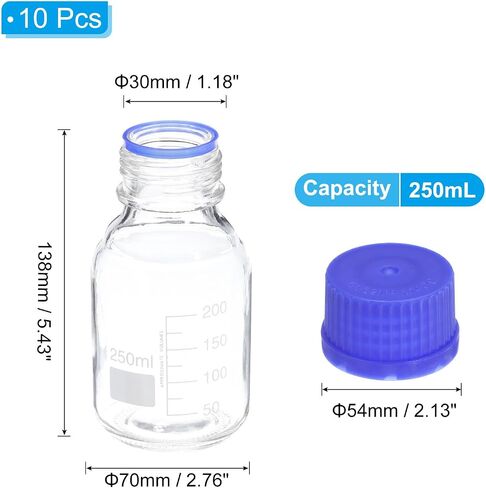 PATIKIL 10 Pack Reagent Media Storage Bottles, 100ml Borosilicate Glass Graduated Round Bottles with GL32 Blue Screw Cap for Lab Water Reagent Liquids, Clear in Saudi Arabia