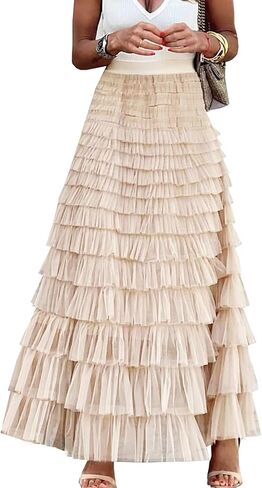 تنورة Flygo النسائية طويلة طويلة من التول ذات طبقات عالية الخصر على شكل حرف A ذات طبقات شبكية تنورة توتو تنورة تحتية in Kuwait