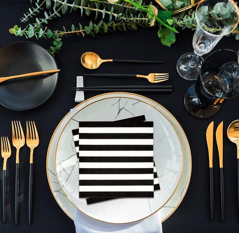 Gift Boutique 100 منديل مشروبات الكوكتيل مخطط باللونين الأزرق الداكن والأبيض، 3 طبقات من الورق للاستعمال مرة واحدة، منديل حلوى مخطط لحفلات الزفاف وحفلات الزفاف وحفلات استقبال المولود الجديد وحفلات التخرج in Kuwait