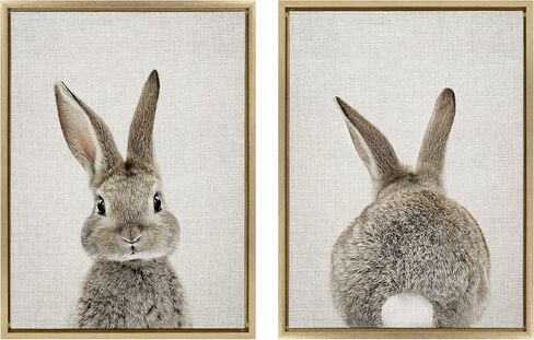 Kate and Laurel Sylvie Bunny Portrait on Linen and Bunny Tail on Linen Framed Canvas Wall Art by Amy Peterson Art Studio, 2 Piece 18x24 Gold, Decorative Animal Art for Wall in Saudi Arabia