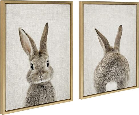 Kate and Laurel Sylvie Bunny Portrait on Linen and Bunny Tail on Linen Framed Canvas Wall Art by Amy Peterson Art Studio, 2 Piece 18x24 Gold, Decorative Animal Art for Wall in Saudi Arabia