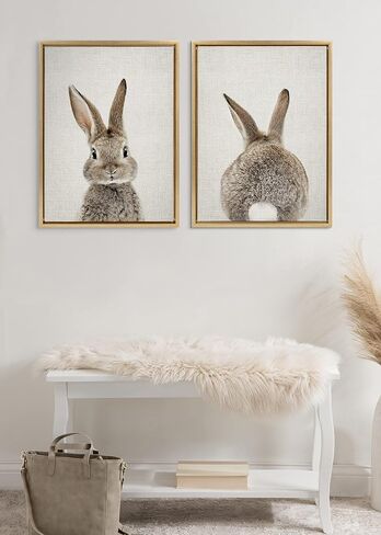 Kate and Laurel Sylvie Bunny Portrait on Linen and Bunny Tail on Linen Framed Canvas Wall Art by Amy Peterson Art Studio, 2 Piece 18x24 Gold, Decorative Animal Art for Wall in Saudi Arabia