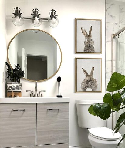 Kate and Laurel Sylvie Bunny Portrait on Linen and Bunny Tail on Linen Framed Canvas Wall Art by Amy Peterson Art Studio, 2 Piece 18x24 Gold, Decorative Animal Art for Wall in Saudi Arabia