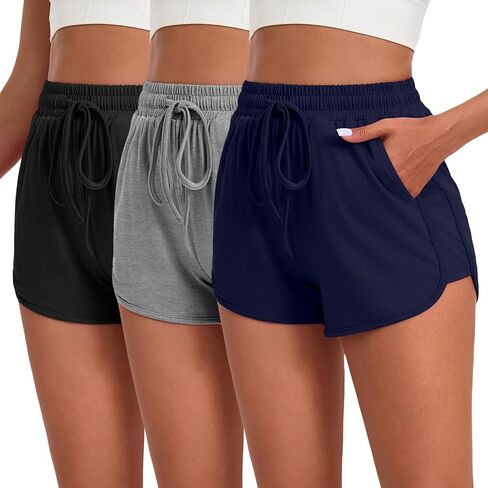 Neer 3 Pack Women's Sweat Shorts, Athletic Elastic Shorts with Pockets Loose Running Shorts Summer Workout Shorts for Yoga in Saudi Arabia