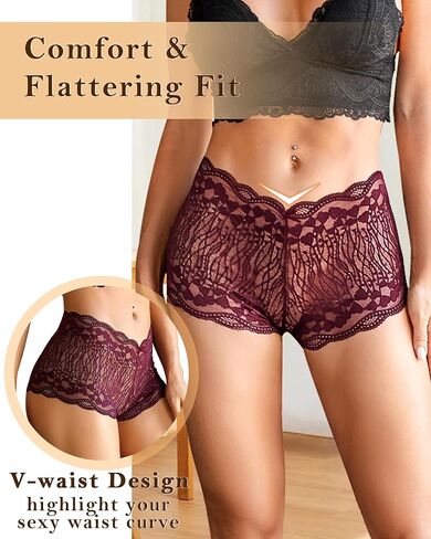 ملابس داخلية من الدانتيل بخصر عالٍ من ASIMOON للنساء سراويل داخلية صفيق قابلة للتنفس ناعمة وقابلة للتمدد على شكل حرف V سراويل داخلية in Kuwait