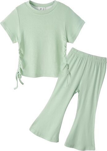 Toddler Girl Summer Clothes Short Sleeve shirring T-Shirt Flare Pants 2Pcs Baby Bell Bottom Outfits in Saudi Arabia