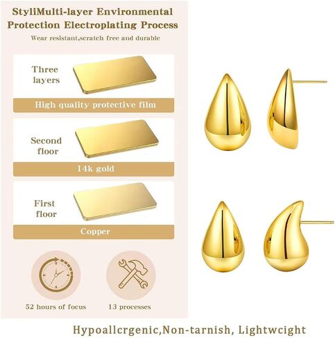 14K Real Gold Plated 925 Sterling Silver Post Teardrop Chunky Hoop Stud Earrings Small Cute Lightweight Drop Earrings for Women Girls in Saudi Arabia