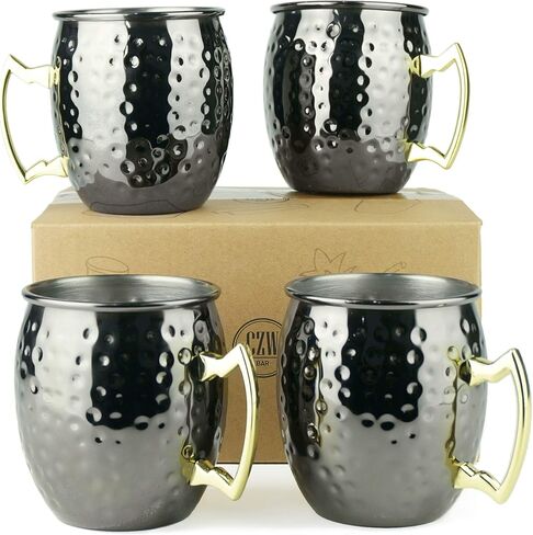 PG Moscow Mule Mugs | Large Size 19 ounces | Set of 4 Hammered Cups | Stainless Steel Lining | Pure Copper Plating | Gold Brass Handles | 3.7 inches Diameter x 4 inches Tall in Kuwait