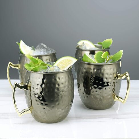 PG Moscow Mule Mugs | Large Size 19 ounces | Set of 4 Hammered Cups | Stainless Steel Lining | Pure Copper Plating | Gold Brass Handles | 3.7 inches Diameter x 4 inches Tall in Kuwait