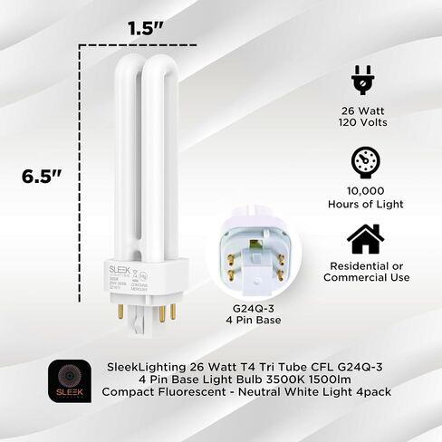 SLEEKLIGHTING 26 Watt T4 Double Tube CFL 4 pin G24q-3 Base Light Bulb 4200K 1500lm -UL Listed,Compact Fluorescent -Cool White Light 4pack in Saudi Arabia