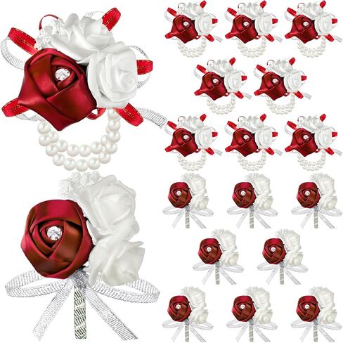 16 Pcs Rose Wrist Corsage and Boutonniere Set Flower Wristlet Corsages Band Bracelet and Bridegroom Men's Boutonniere for Wedding Prom Party Bouquets Accessories Decor (White) in Saudi Arabia