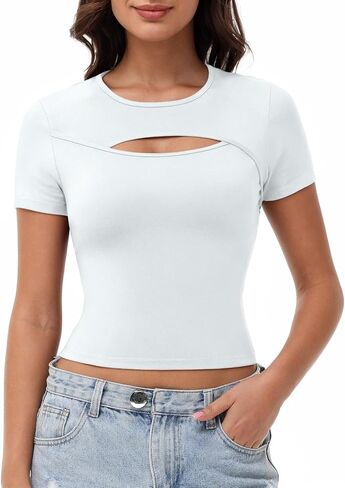 Wenlia Workout Crop Tops for Women Cutout Short Sleeve Crewneck T Shirts Casual Athletic Gym Yoga Fitted Tee in Saudi Arabia