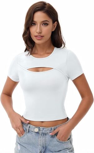 Wenlia Workout Crop Tops for Women Cutout Short Sleeve Crewneck T Shirts Casual Athletic Gym Yoga Fitted Tee in Saudi Arabia