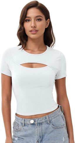 Wenlia Workout Crop Tops for Women Cutout Short Sleeve Crewneck T Shirts Casual Athletic Gym Yoga Fitted Tee in Saudi Arabia