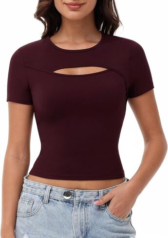 Wenlia Workout Crop Tops for Women Cutout Short Sleeve Crewneck T Shirts Casual Athletic Gym Yoga Fitted Tee in Saudi Arabia