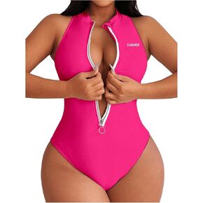 OYOANGLE Women's Zip Up Racer Back One Piece Swimsuit Crew Neck Sleeveless Monokini Swimwear