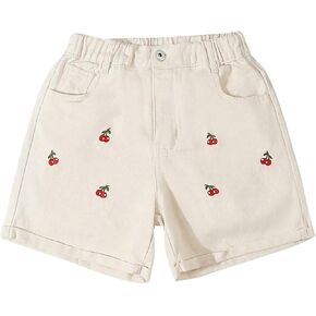SHENHE Girl's Graphic Cherry Embroidery Roll Up Hem Jeans Elastic Waist Denim Shorts