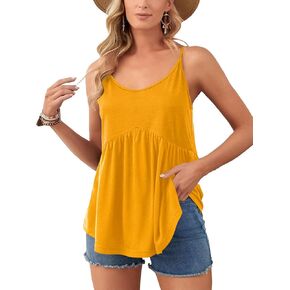 Vrtige Women's Spaghetti Strap Crewneck Pleated Ruffle Hem Sleeveless Cami Tank Peplum Top