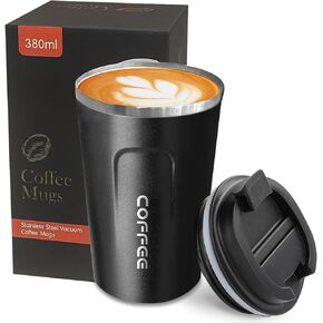 YINBAOGE Insulated Travel Coffee Mug Spill Proof Leak Proof Pobtable To Go Camping Stainless Steel Coffee Tumbler Reusable Coffee Cups with Lids Thermos for Hot and Cold Drink (2nd-Black, 12 OZ)
