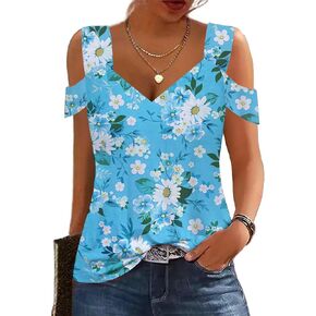 Summer Tops Womens Tunic Top Short Sleeve Cold Shoulder V Neck Loose Fit Basic Tee Casual Tops T Shirts Blouse