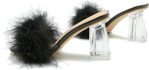 Omthanka Women's Square Toe Feather High Heels Mule Sandals Non Slip Transparent High Heels Wedding Bride Party Dress Shoes in Kuwait