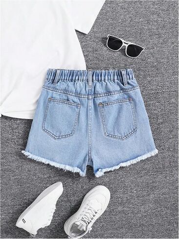 SHENHE Girl's Graphic Cherry Embroidery Roll Up Hem Jeans Elastic Waist Denim Shorts in Saudi Arabia