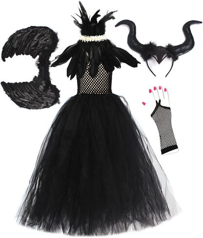 IBTOM CASTLE Halloween Costume for Girls Kids Black Tulle Witch Gown Horns Headband Wings Costume Set Carnival Fancy Dress Up in Saudi Arabia