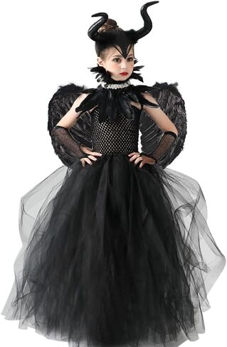 IBTOM CASTLE Halloween Costume for Girls Kids Black Tulle Witch Gown Horns Headband Wings Costume Set Carnival Fancy Dress Up in Saudi Arabia