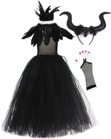 IBTOM CASTLE Halloween Costume for Girls Kids Black Tulle Witch Gown Horns Headband Wings Costume Set Carnival Fancy Dress Up in Saudi Arabia