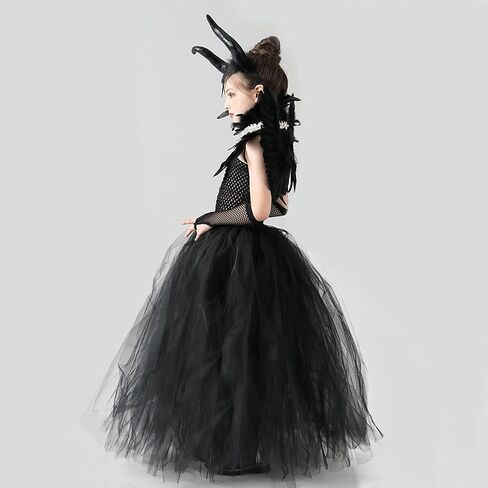 IBTOM CASTLE Halloween Costume for Girls Kids Black Tulle Witch Gown Horns Headband Wings Costume Set Carnival Fancy Dress Up in Saudi Arabia