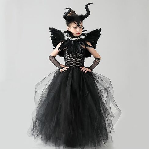 IBTOM CASTLE Halloween Costume for Girls Kids Black Tulle Witch Gown Horns Headband Wings Costume Set Carnival Fancy Dress Up in Saudi Arabia