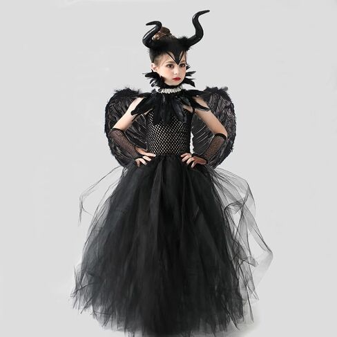 IBTOM CASTLE Halloween Costume for Girls Kids Black Tulle Witch Gown Horns Headband Wings Costume Set Carnival Fancy Dress Up in Saudi Arabia