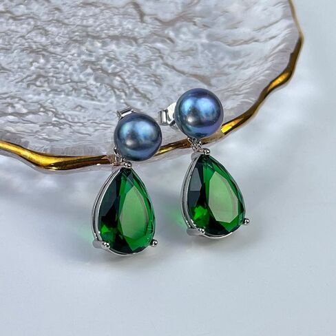YAMI Pearl Earrings for Women, 925 Sterling Silver Birthstone Teardrop Stud Dangle Earrings, Created Emerald Drop Earrings, 8-8.5MM Freshwater Cultured Pearl Jewelry Birthday Mother’s Day Gifts in Saudi Arabia