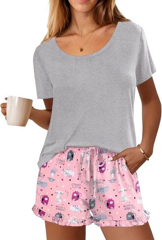 Ekouaer Womens Pajamas Short Sleeve Lounge Set Crew Neck Tops and Ruffle Shorts Pj Sets Soft Sleepwear with Pockets S-XXL in Saudi Arabia