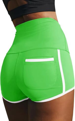 Fisoew Womens High Waisted Yoga Shorts Contrast Color Tummy Control Workout Gym Running Athletic Shorts in Saudi Arabia