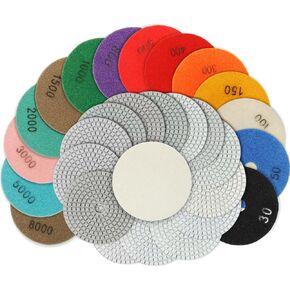 4 Inch Diamond Polishing Pads,15 Pack Wet/Dry Polish Pad Kit for Drill, Grinder, Polisher,30-8000 Grit Pads for Granite Marble Concrete Stone Quartz