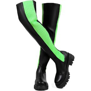 Black Green Over Knee Boots for Women Lug Sole Stretch Knee High Boots Knit Chelsea Chunky Heel Tall Boots Comfortable Long Boots