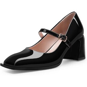 Women's Chunky Block Heels Mary Jane Pumps Buckle Strap Square Toe Patent Leather Dress Shoes