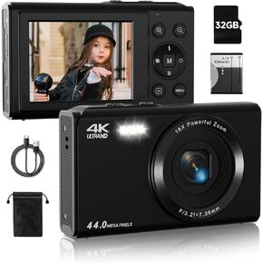 Upgrade Digital Camera, FHD 4K 44MP Autofocus Digital Point and Shoot Video Camera with 16X Zoom, 32GB SD Card, 2 Batteries, Compact Digital Camera Cheap for Teens Boys Girls Kids