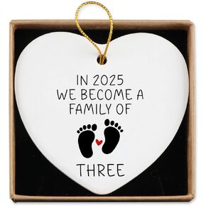 New Mom Dad Gifts Ceramic Ornament Keepsake Sign Heart Plaque in 2025 We Become a Family of Three Pregnancy Announcement Gifts for New Parents Baby Reveal Ideas Christmas Ornament