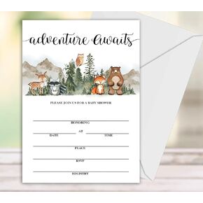 Baby Shower Invitations, Adventurer Jungle Animals Fill In Invites Cards wih Envelopes, Set of 25.