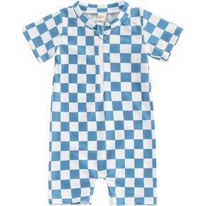 Infant Baby Boy One Piece Swimwear Short Sleeve Zipper Jumpsuit Checkerboard Print Swimsuit Sun Protection Suits