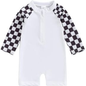Lesimsam Toddler Baby Boy Swimsuit Checkered Patchwork Long Sleeve One Piece Zipper Bathing Suit Rash Guard Swimwear Sunsuit