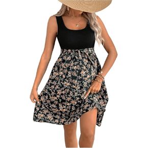 MakeMeChic Women's Maternity Floral Print Sleeveless Knitted Belted Flowy Short Tank Dress