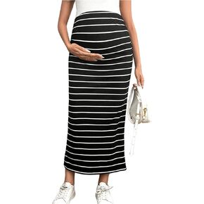 OYOANGLE Women's Maternity Striped Side Split Long Skirts Casual Adjustable High Waist Skirt
